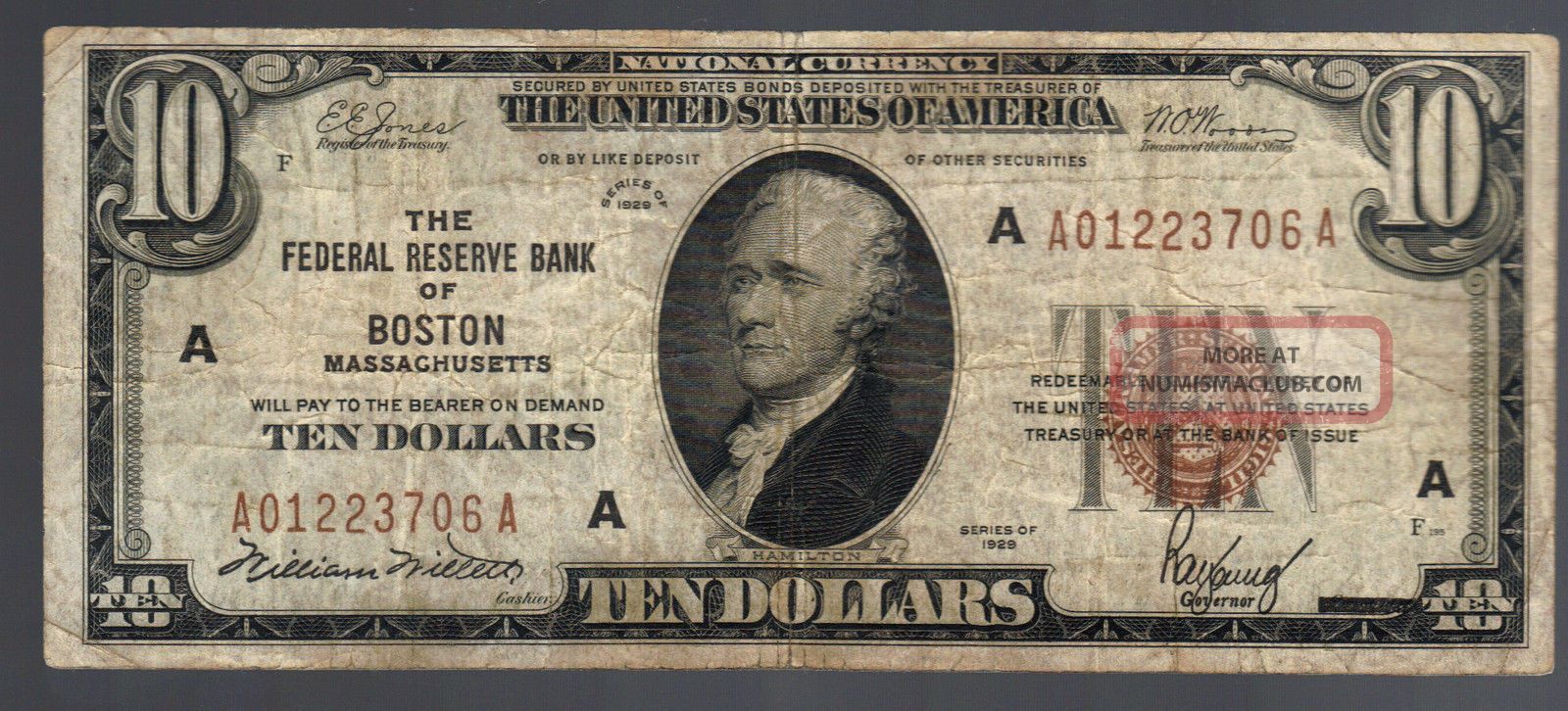 $10 1929 Boston Massachusetts National Brown Seal Federal Reserve Bank Old Money Small Size Notes photo