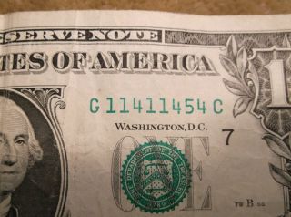 114 - 114 $1 Repeating Repeater Fancy Unique Serial Number One Dollar Bill U.  S Frn photo