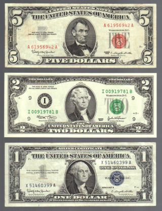 Old Money $1 Silver Blue Certificate $2 Green & $5 Dollar Red Seal Us Note Bills photo