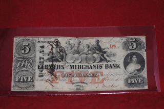 Obsolete Currency 5.  00 Note Issued By Farmer ' S & Merchant ' S Bank 1854 photo