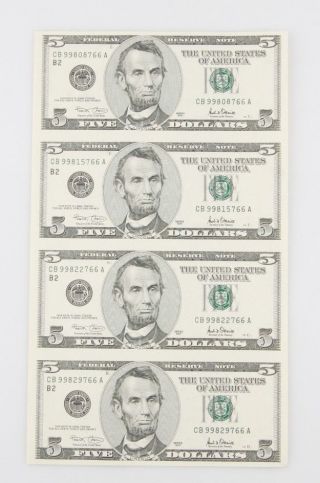 Sheet Of Four (4) Uncut 2001 $5 Bills From Bureau Of Engrave & Print W/ Brochure photo