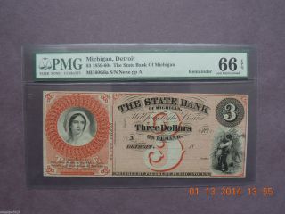 1800s $3 State Bank Of Michigan - Detroit - Pmg Gem Unc 66 Epq photo
