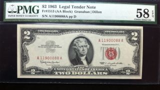 1963 $2 Legal Tender Note - Fr 1513 - Pmg Graded As 58 Epq Choice About Uncir photo