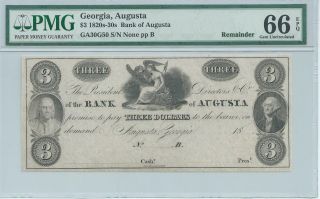 Georgia Augusta Bank Note $3 18xx G50 Pmg 66 Epq Obsolete Currency Plate B photo