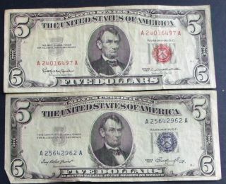 One 1963 $5 United States Note & One 1953 $5 Silver Certificate (a25642962a) photo