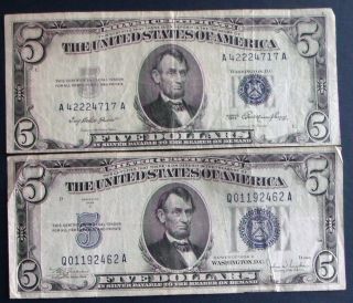 One 1953 $5 & One 1934c $5 Blue Seal Silver Certificate (q01192462a) photo