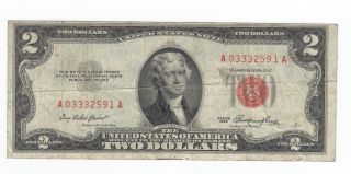 1953 Red Seal $2.  00 Jefferson Note,  Two Dollar Bill A03332591a photo