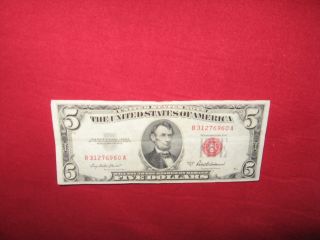 $5 Bill U.  S.  Note Red Seal - S/n B31276960a Series 1953 A - Circulated photo