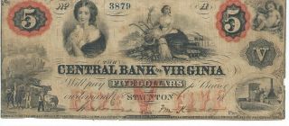 Virginia Central Bank Staunton $5 1860 Issued/signed Note Rare Currency 3879 photo