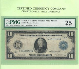 1914 $10 Atlanta Georgia Fr 926 Federal Reserve Pmg Very Fine 25 photo