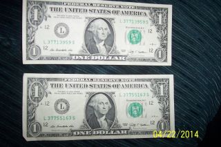 2 San Francisco,  Ca.  One Dollar Bills With Double Stamped Serial Numbers.  Vg++cond photo