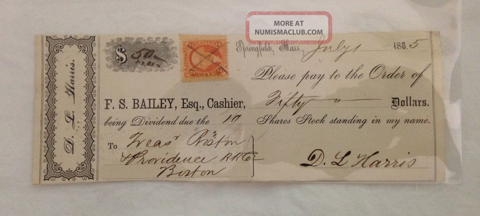 Antique Vintage Bank Note National Bank Of Redemption Boston 1865