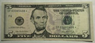 2006 U.  S.  $5 Federal Reserve Star Note U.  S.  Currency Five Dollar Bill Circulated photo