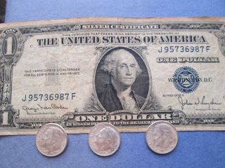 1935d One Dollar Silver Certificate; 3 - 1963d Silver Roosevelt Dimes; Scc40 photo