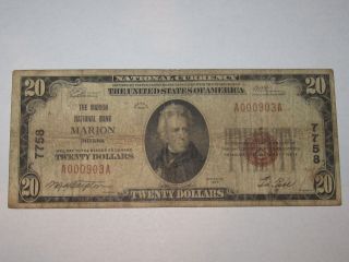 $20 1929 Marion Indiana In National Currency Bank Note Bill Ch.  7758 photo