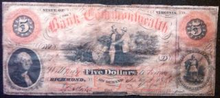 1861 Bank Of The Commonwealth Five - Dollar Note - Richmond,  Va photo