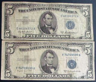 One 1953a $5 & One 1953b $5 Blue Seal Silver Certificate (f74709599a) photo