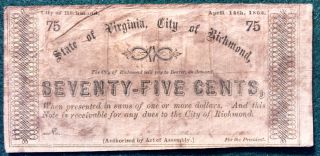 1862 State Of Virginia Seventy - Five Cent Note photo
