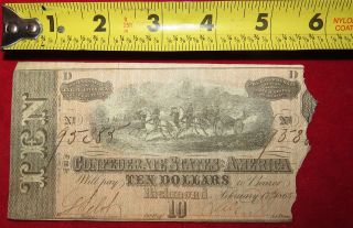 1864 Confederate State Of Richmond Ten Dollar $10 Treasury Note 95385 photo