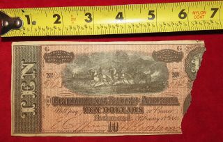 1864 Confederate State Of Richmond Ten Dollar $10 Treasury Note 31025 photo
