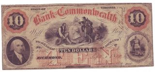 Bank Of Commonwealth $10 - Richmond,  Virginia - 1858 photo