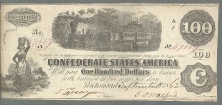 1862 Confederate States Of America $100 Bill (csa,  Dixie,  Confederacy) photo