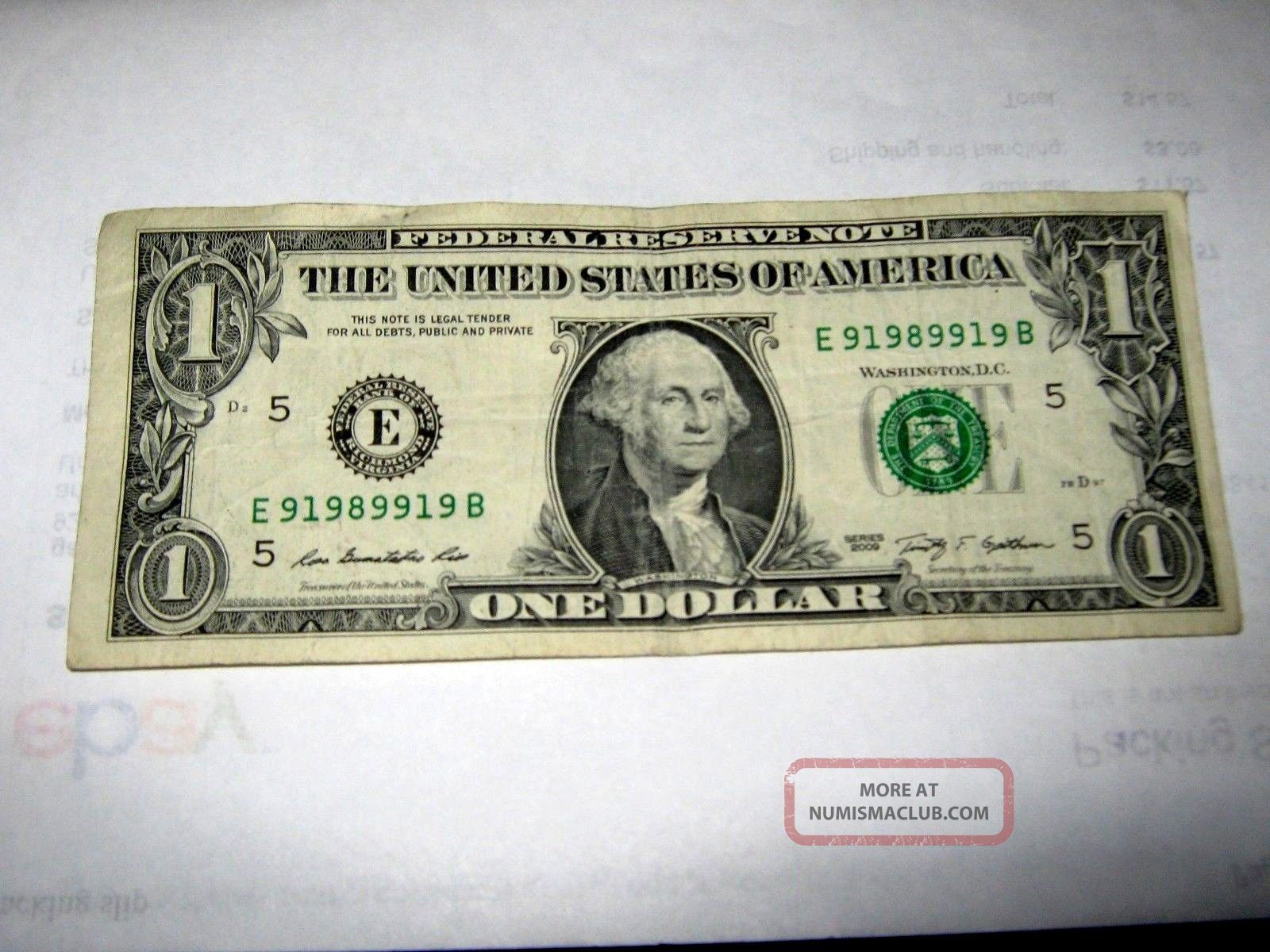 U. S. One Dollar Circulated Less Repeater Note