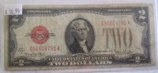 1928 G Red Seal Two Dollar United States Note Paper Money Currency (318aa) photo