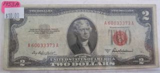 1953 Red Seal $2 Two Dollar United States Note Paper Money Currency (318d) photo