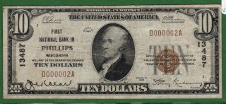 {phillips} $10 The First National Bank In Phillips Wi Ch 13487 S/n 2 photo