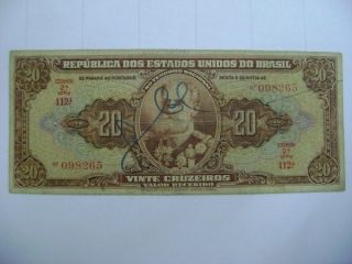 Crb78 - Brazil Banknote 20 Cruzeiros 1950 Autographed Circulated photo