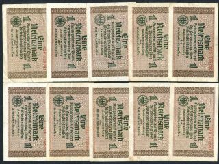 Germany Ww2 10 X 1 Reichsmark 1940 - 1945 Vf/xf photo