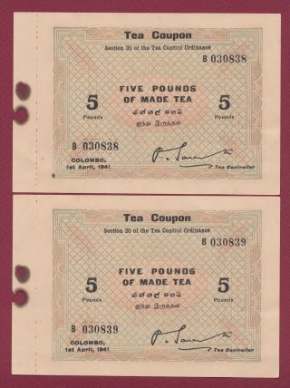 Ceylon Two Consecutive Tea Coupon / Banknote 5 Pounds Uniface 1941 - 08 - 01 photo