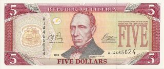 Liberia 2003 Banknote 5 Dollars Money African Currency Unc Billete photo