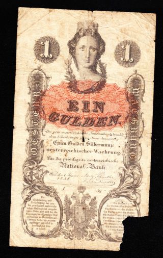 Austria 1 Gulden 1858 Pick A84 Vg. photo