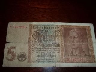 1942 Nazi Germany 5 Reichsmark Reichsbanknote Ww2 Money German Banknote Currency photo
