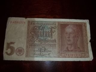 1942 Nazi Germany 5 Reichsmark Reichsbanknote Ww2 Money German Banknote Currency photo