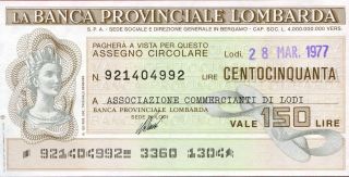 Banca Provinciale Lombarde 150 Lire 1977 Unc photo