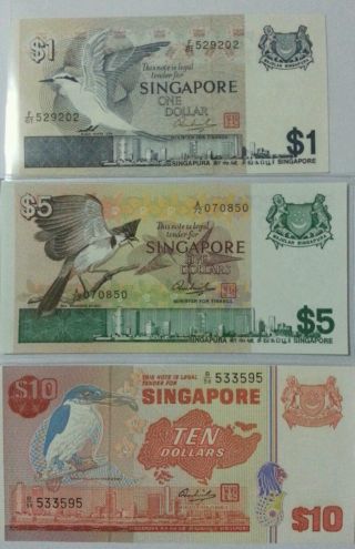 Singapore $1 - 5 - 10 Bird Series Note Unc photo