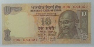 India 10 Rupees Fancy Nos Banknote 30r 654321 Unc 2008 photo
