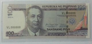 Philippines 100 Piso Solid Nos Vl 888888 2010a Unc photo