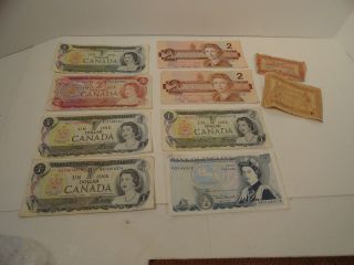 Foregin Paper Money Circulated Old French 1970 ' S Canada 1 - 2 Dollar Eng 5 Pound photo