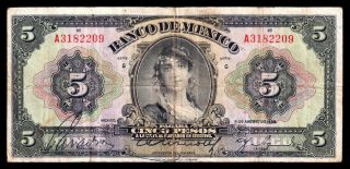 Banco De Mexico 5 Pesos 8.  09.  1933 (anchos) Serie G,  M4615f / Bkm - 2006.  Fine photo
