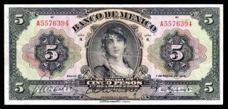 Banco De Mexico 5 Pesos 3.  07.  1934 (anchos) Serie H,  M4615g / Bkm - 2007.  Vf+ photo