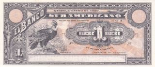 Ecuador: 1 Sucre,  2 - 1 - 1920 Banco Sur Americano,  P - S251r,  Crisp Au/au+ photo