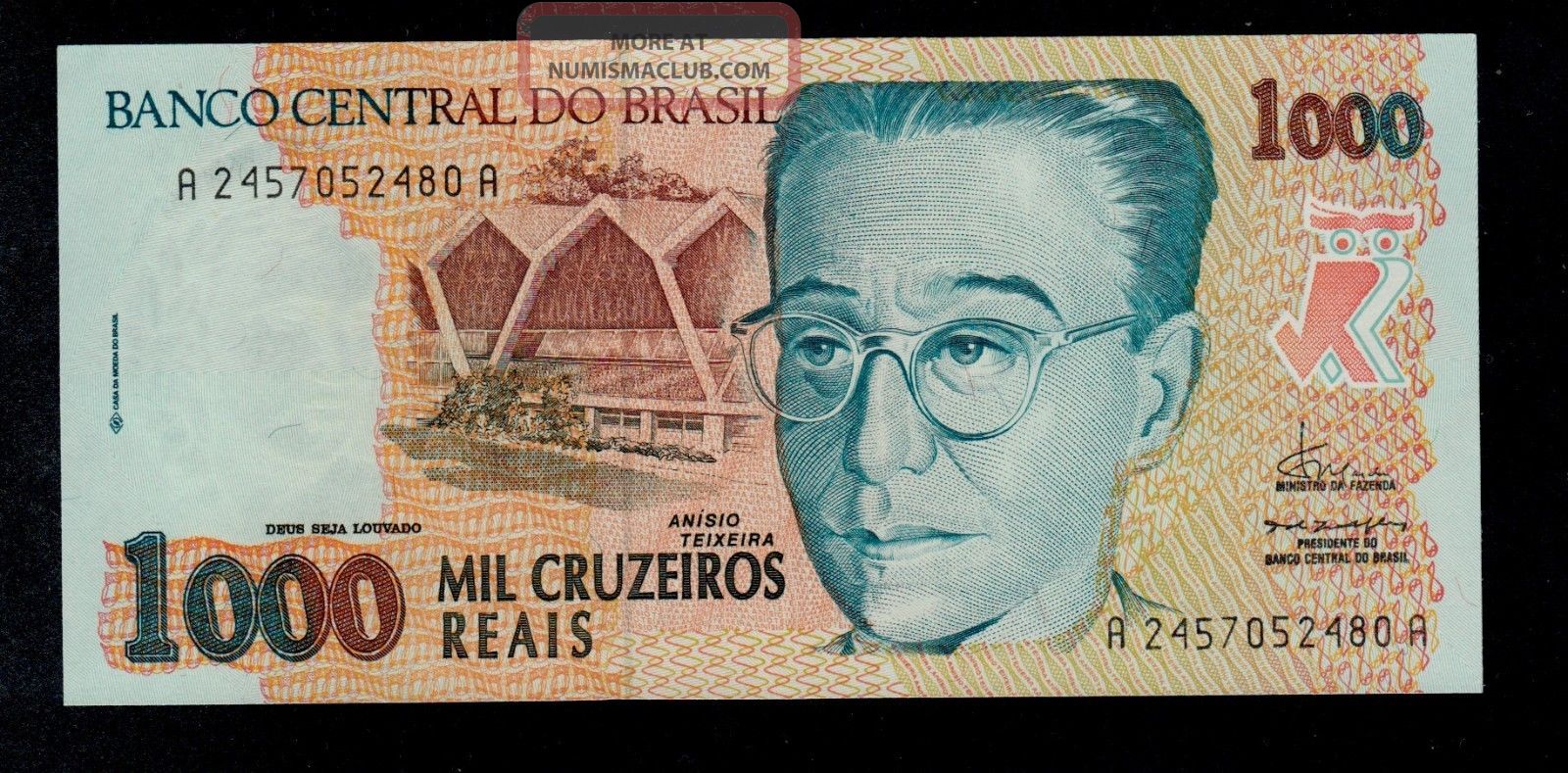 Brazil 1000 Cruzeiros Reais 1993 Pick 240 Unc brazil-1000-cruzeiros-reais-1993-pick-240-unc
