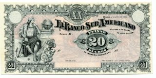 20 Sucres Ecuador 1920 El Banco Sur Americano Bill Note Remainder Banknote photo