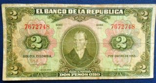 Colombia Banknote 2 Pesos Oro 1955 P390s 7 Digits - Rare photo