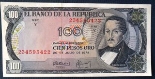 Colombia Banknote 100 Pesos Oro 1974 Santander photo