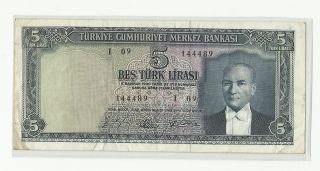 Turkey 5 Lira 5 ' Th Emission 1965 Vf+++ photo